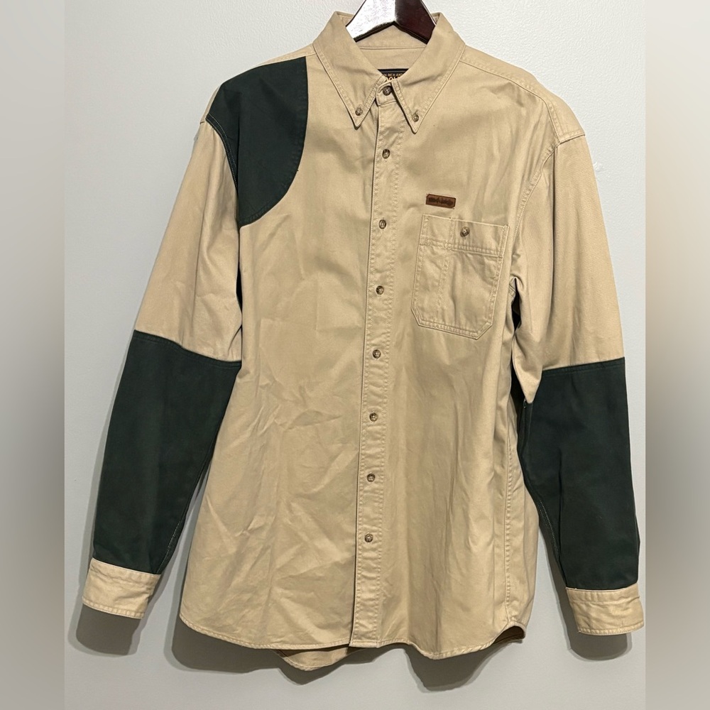 Woolrich Tan Green Shooting Shirt XL Long
Khaki Elbow Patch Hunting Button Down
